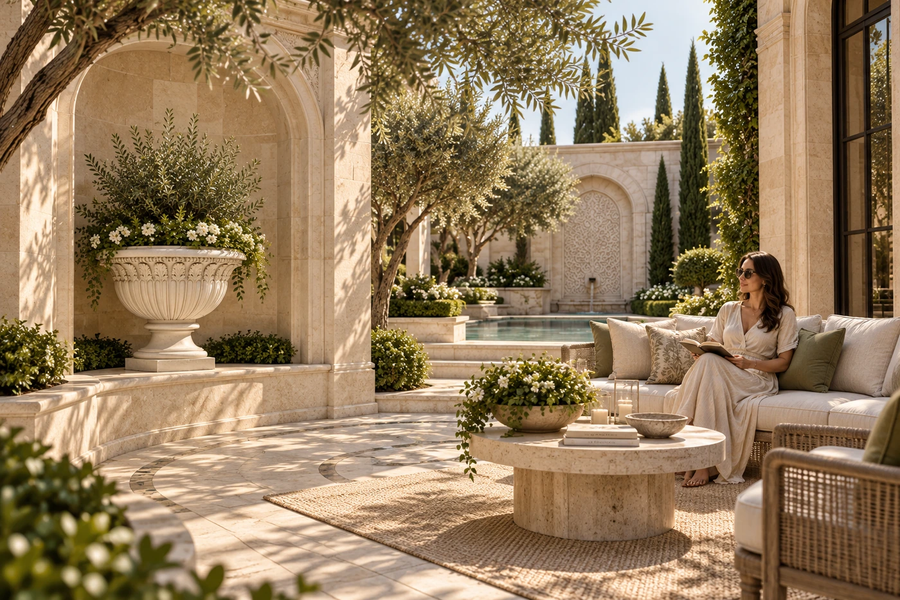Grand Fluted Estate Marble Urn Planter sculpture, shown in a room setting, at full scale