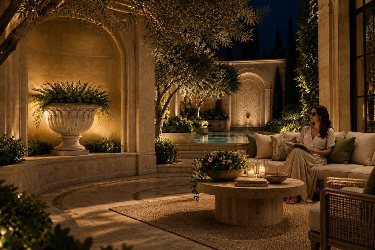 Grand Fluted Estate Marble Urn Planter sculpture, in a room setting under evening light