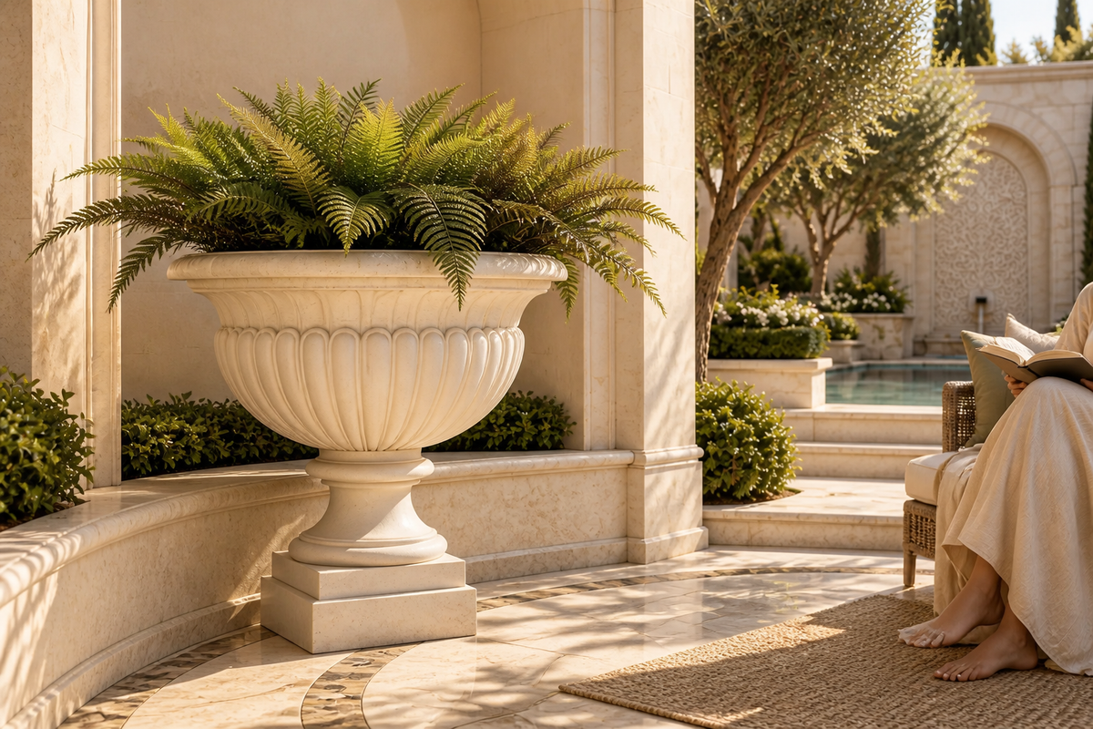 Grand Fluted Estate Marble Urn Planter sculpture, close view of the form in its setting