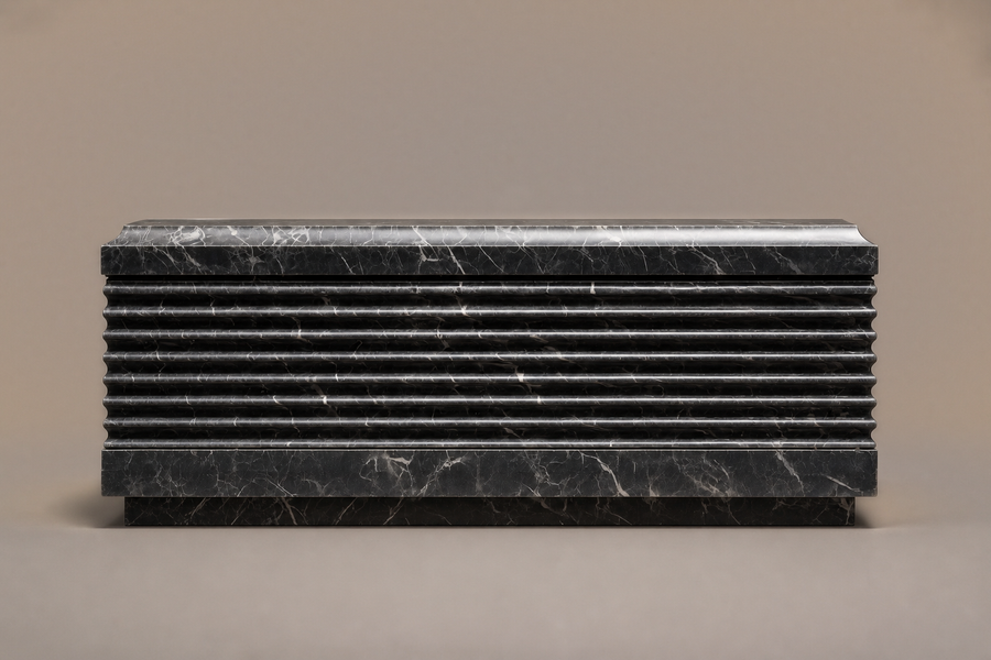 Grigio Ribbed Base Deep grigio carnico marble plinth base by 1-OPH, side elevation