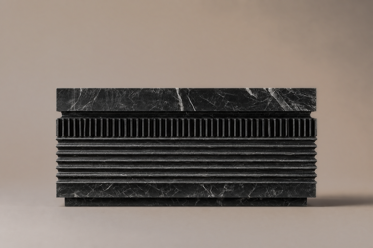 Grooved Band Base Deep black marble plinth base by 1-OPH, side elevation