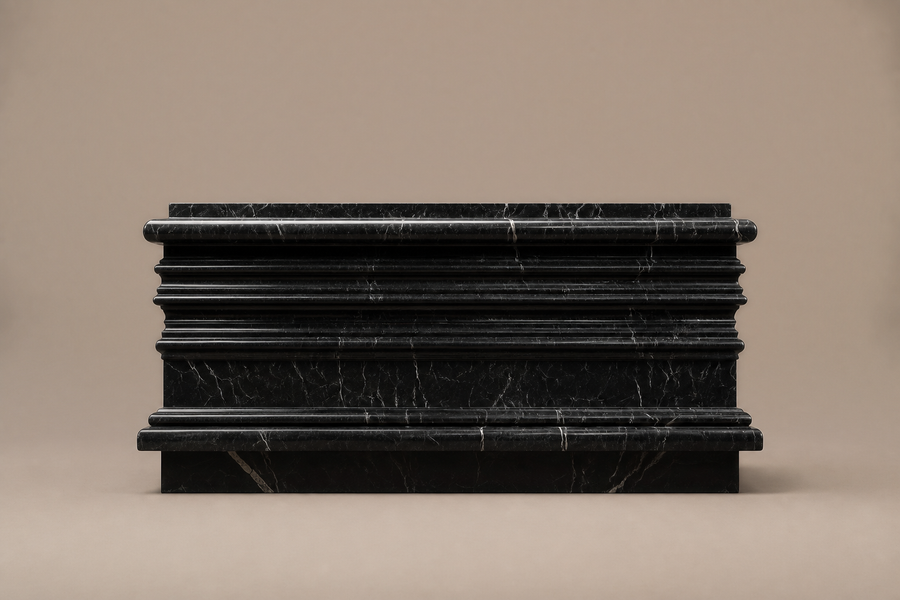 Grooved Band Base Stepped black marble plinth base by 1-OPH, side elevation