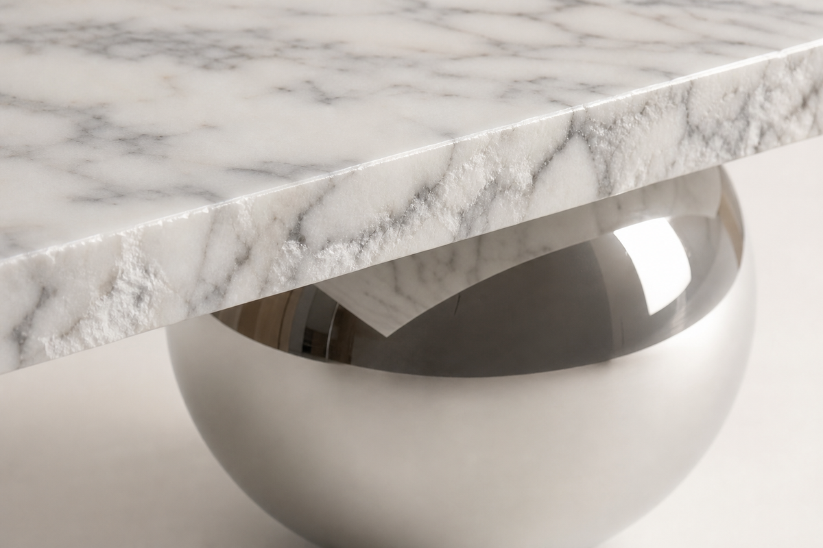 Grove marble sculptural bench, close studio detail of the surface and material