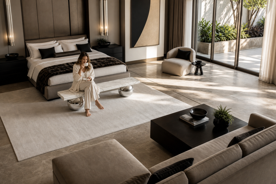Grove marble sculptural bench, overhead view in a room setting