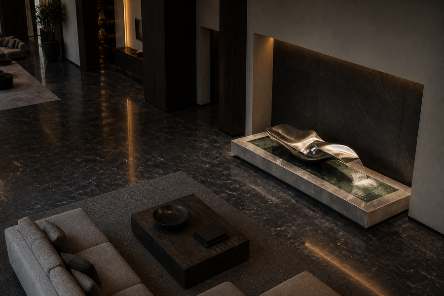 Guado stone fountain, shown in a furnished interior setting