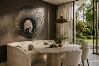 Deep indigo steel wall sculpture Chiocciola, fine wire wound across a circular rim into a spiral void, on a plaster wall.