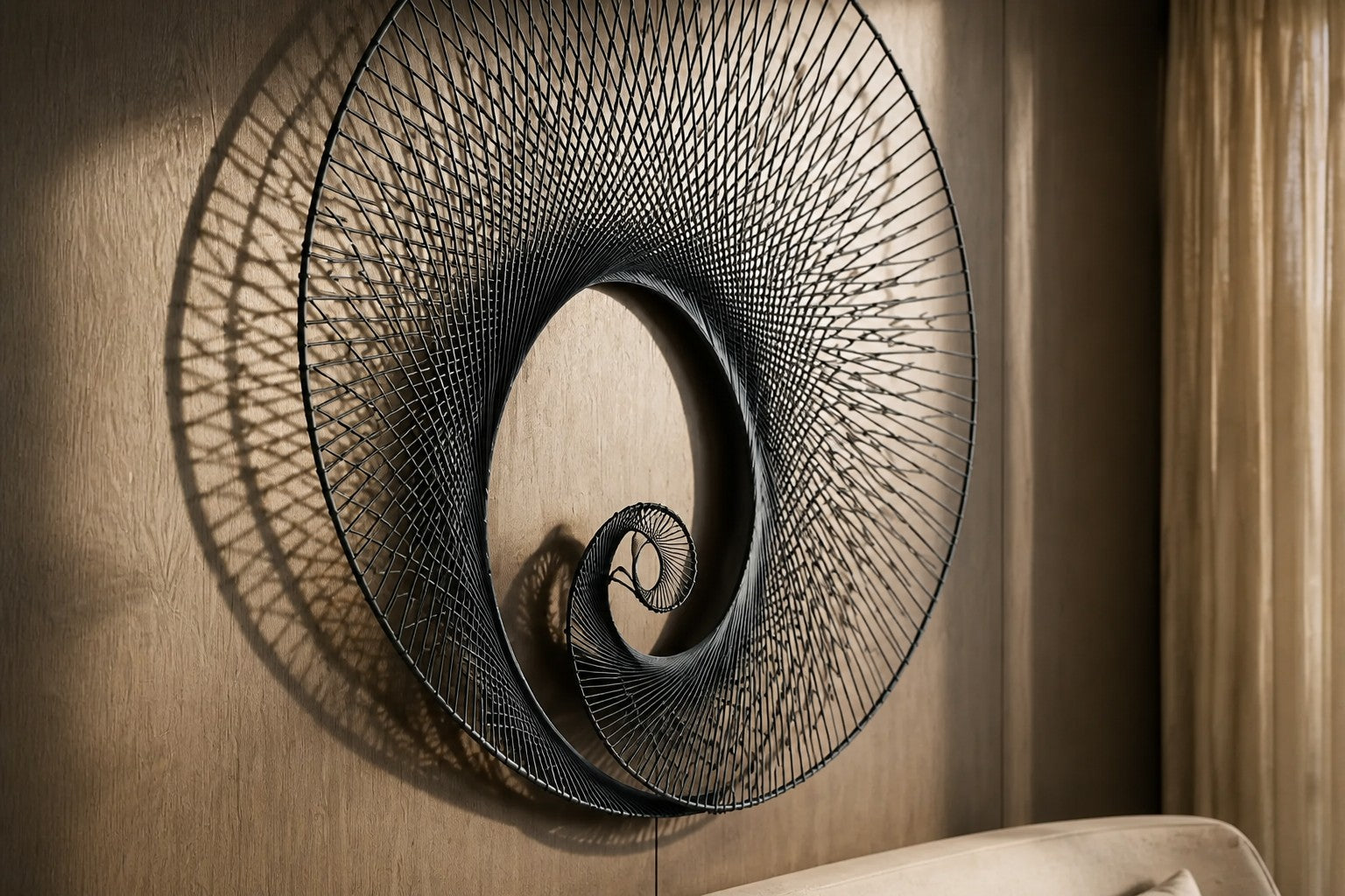 Deep indigo steel wall sculpture Chiocciola, fine wire wound across a circular rim into a spiral void, on a plaster wall.