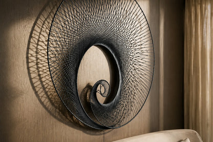 Deep indigo steel wall sculpture Chiocciola, fine wire wound across a circular rim into a spiral void, on a plaster wall.