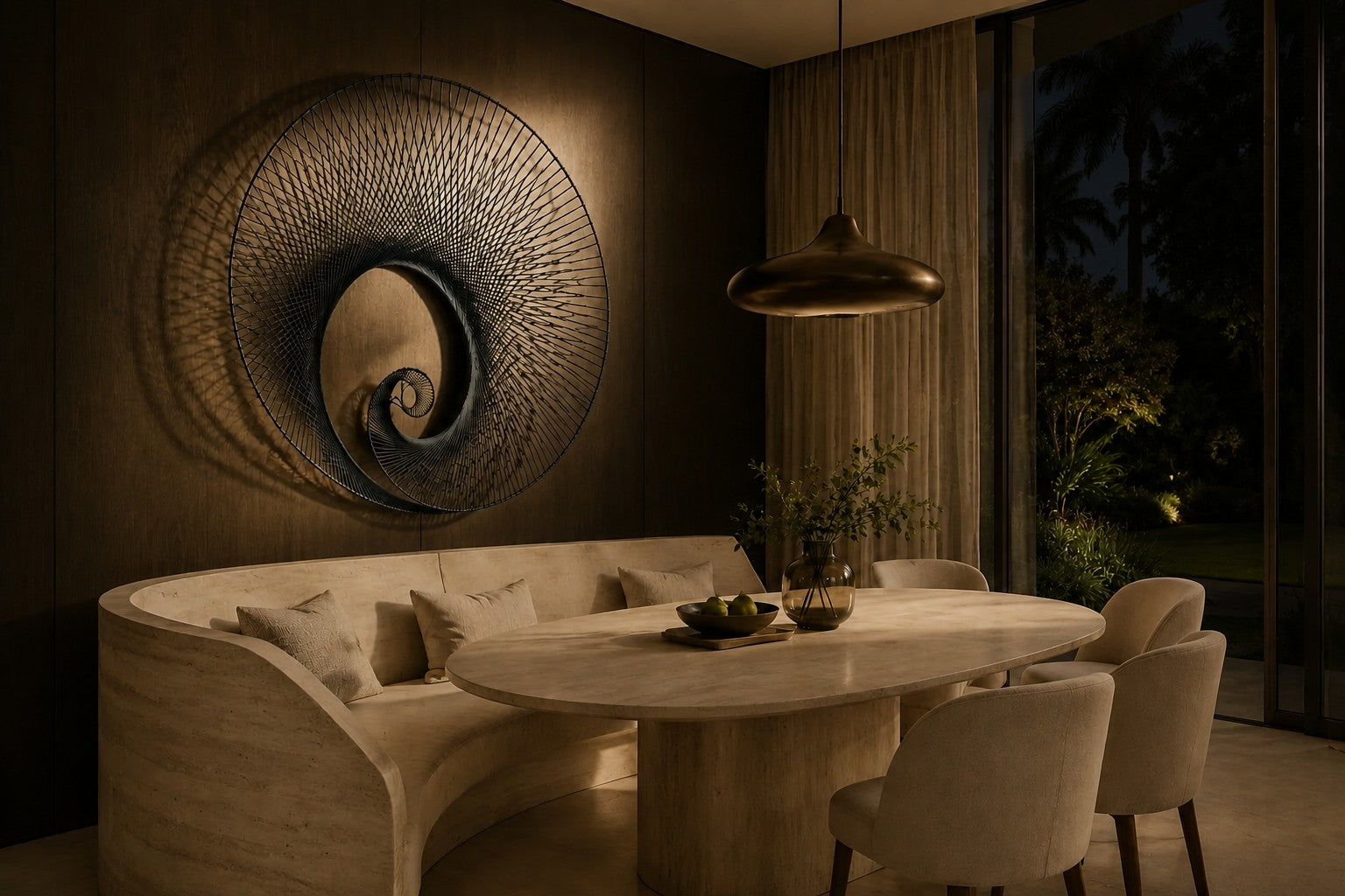 Deep indigo steel wall sculpture Chiocciola, fine wire wound across a circular rim into a spiral void, on a plaster wall.