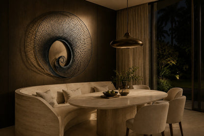 Deep indigo steel wall sculpture Chiocciola, fine wire wound across a circular rim into a spiral void, on a plaster wall.