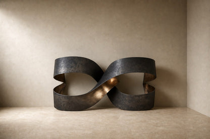 Broad bronze ribbon twisted into a figure-eight loop, standing on a stone floor.