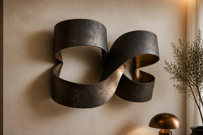 Broad bronze ribbon twisted into a figure-eight loop, standing on a stone floor.