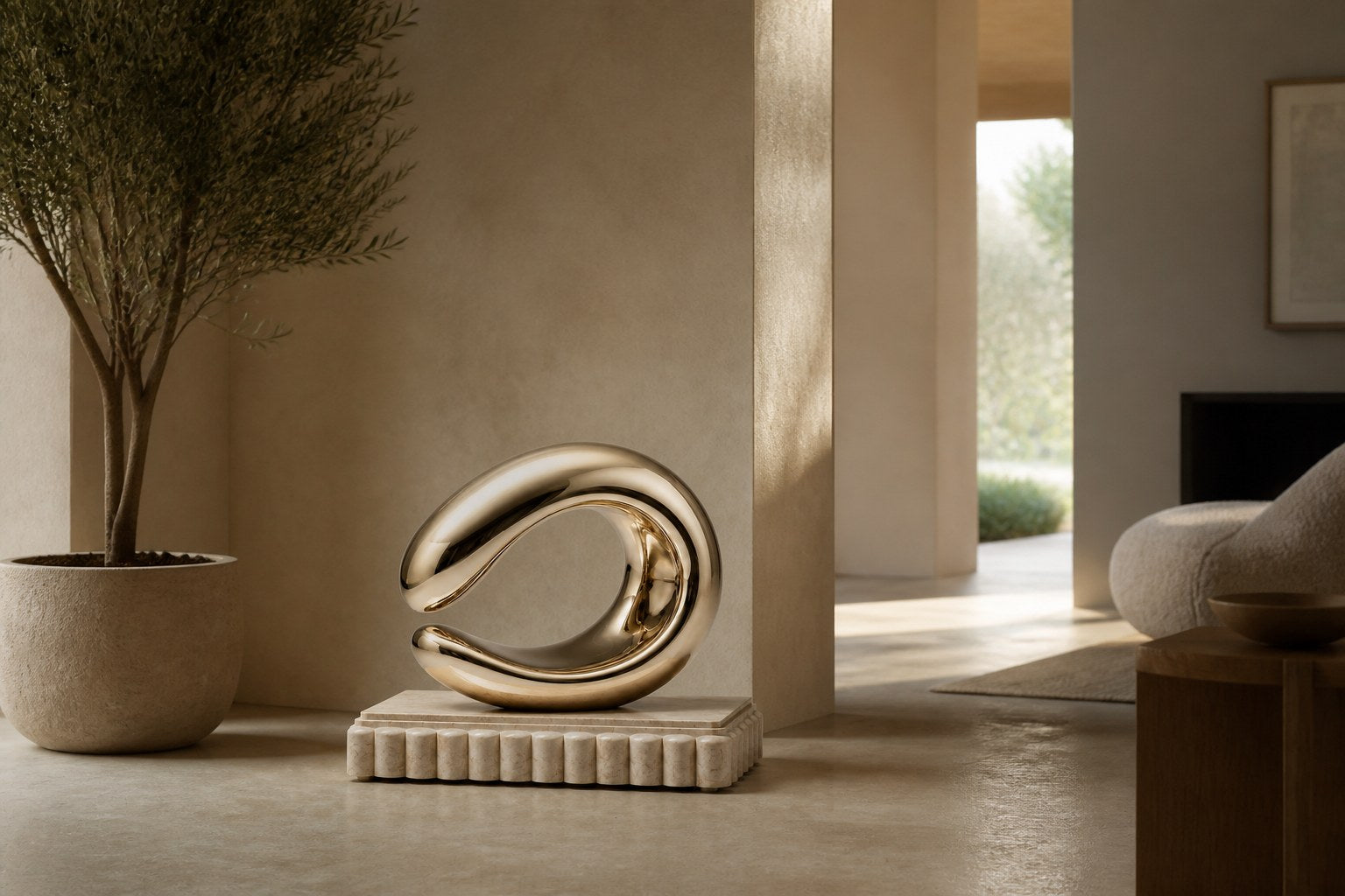 Mirror-polished brass loop sculpture Hamal knotted through itself, on a fluted cream travertine plinth.