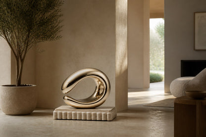 Mirror-polished brass loop sculpture Hamal knotted through itself, on a fluted cream travertine plinth.