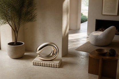 Mirror-polished brass loop sculpture Hamal knotted through itself, on a fluted cream travertine plinth.