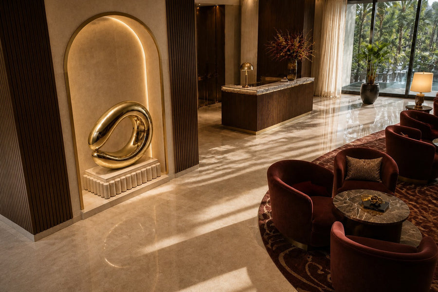 Mirror-polished brass loop sculpture Hamal knotted through itself, on a fluted cream travertine plinth.