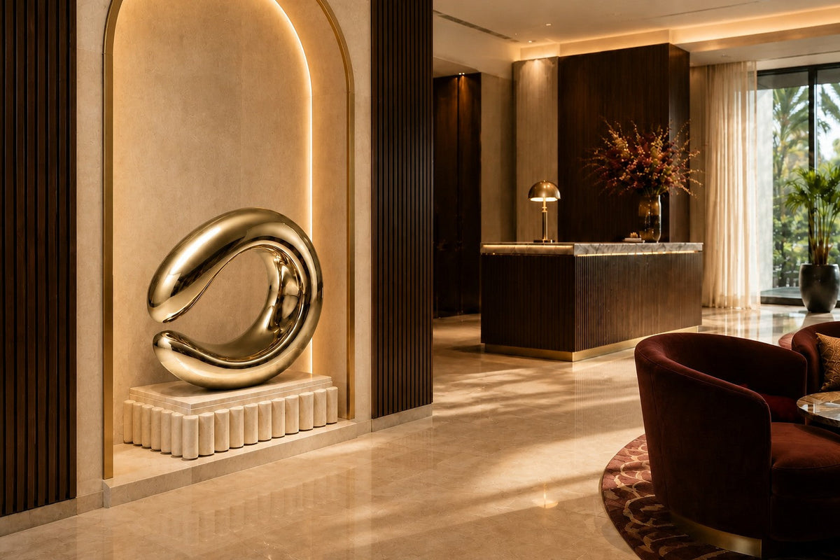 Mirror-polished brass loop sculpture Hamal knotted through itself, on a fluted cream travertine plinth.