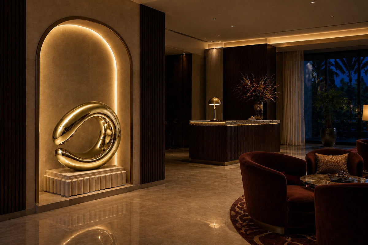 Mirror-polished brass loop sculpture Hamal knotted through itself, on a fluted cream travertine plinth.
