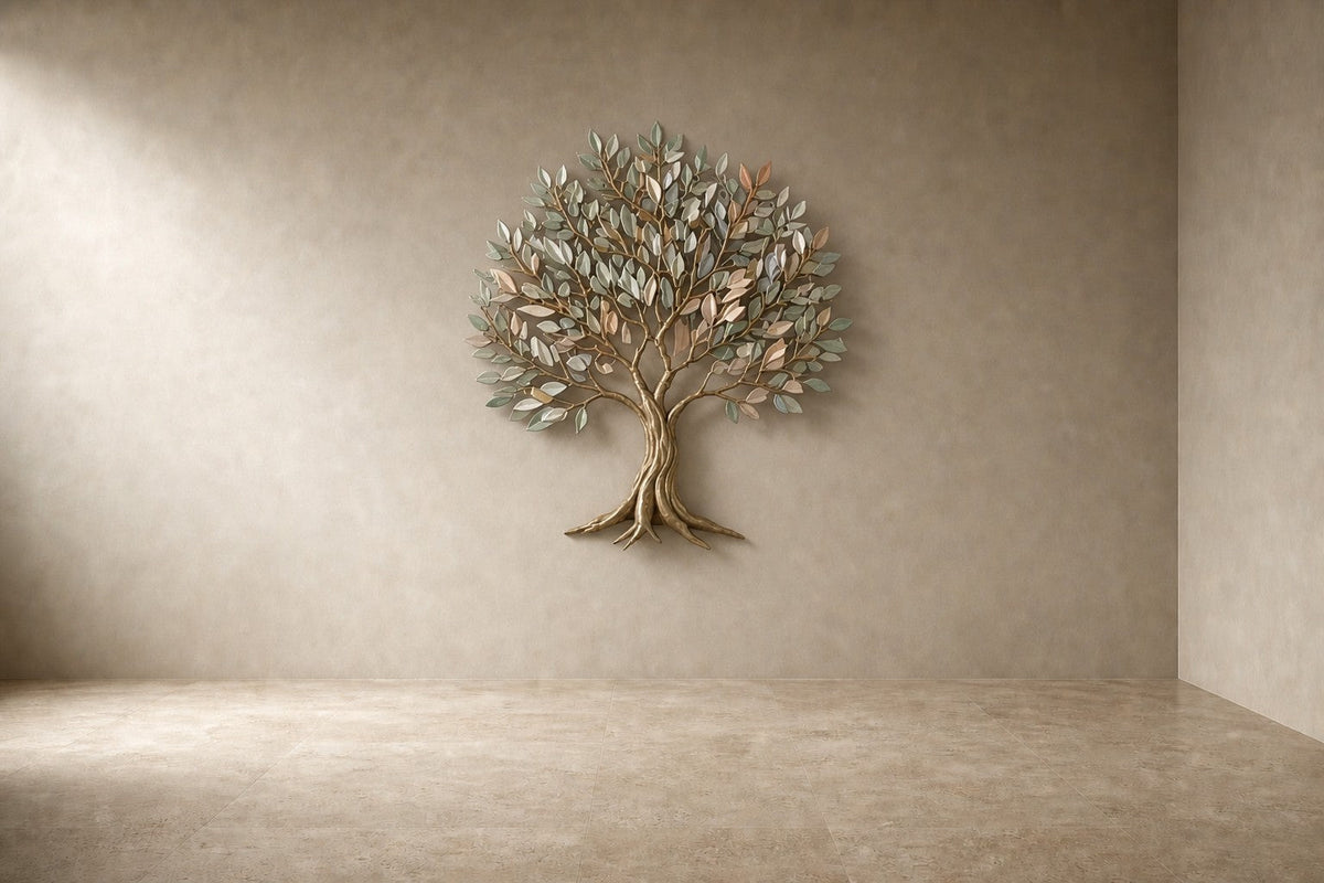 Hamsa 130 — 130 cm brushed brass wall sculpture of a tree, studio view of the whole piece