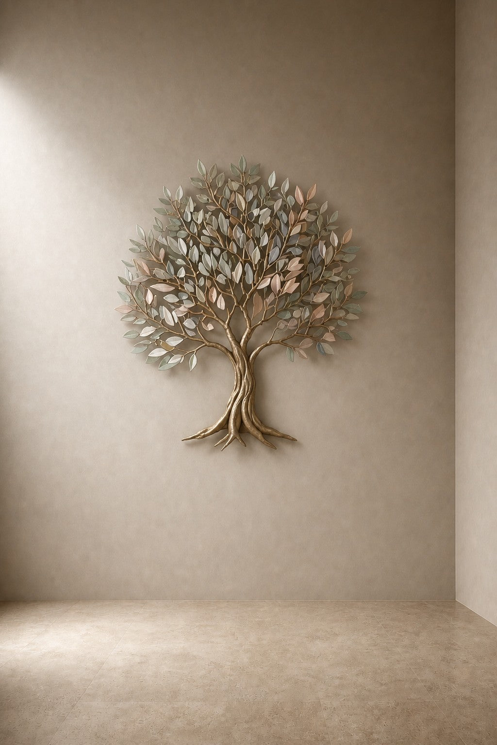 Hamsa 130 — 130 cm brushed brass wall sculpture of a tree, three-quarter studio view showing its profile