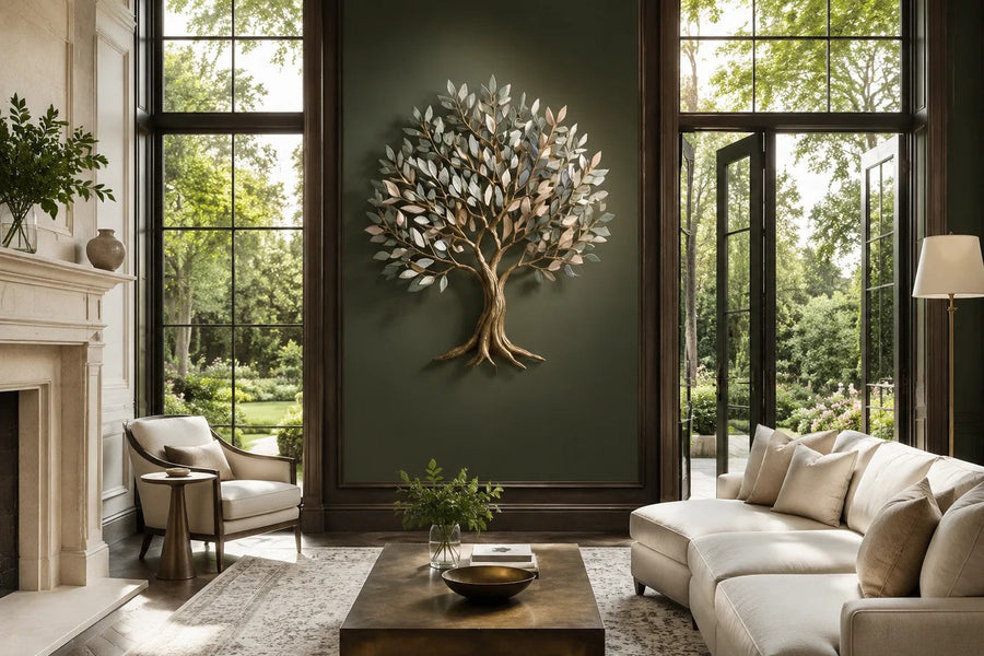 Hamsa 130 — 130 cm brushed brass wall sculpture of a tree, placed in a furnished room