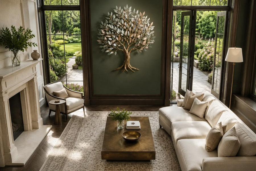 Hamsa 130 — 130 cm brushed brass wall sculpture of a tree, seen from above in the room