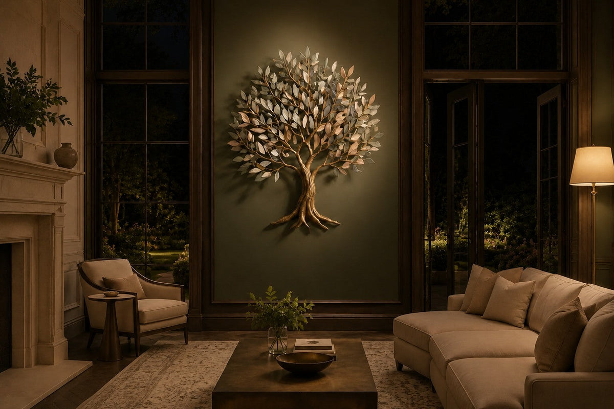 Hamsa 130 — 130 cm brushed brass wall sculpture of a tree, the same room at night, lamps on