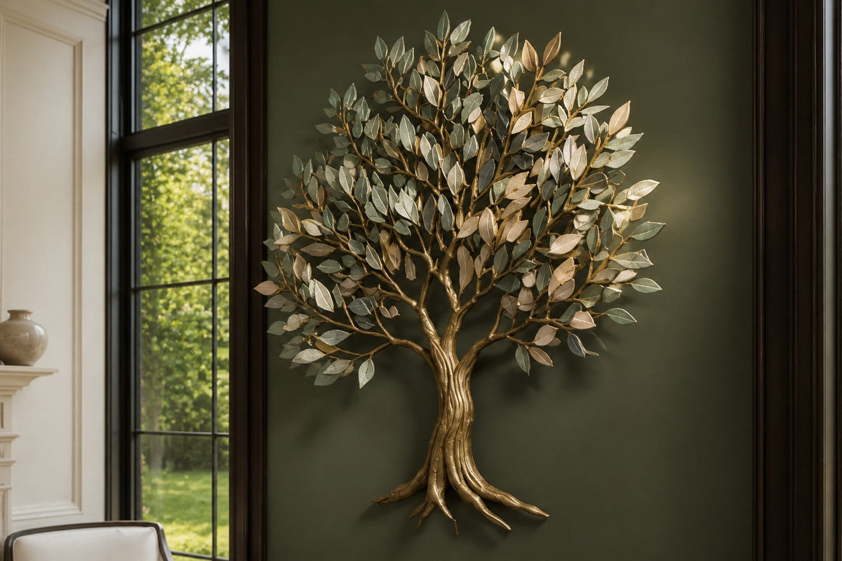 Hamsa 130 — 130 cm brushed brass wall sculpture of a tree, close view in the room