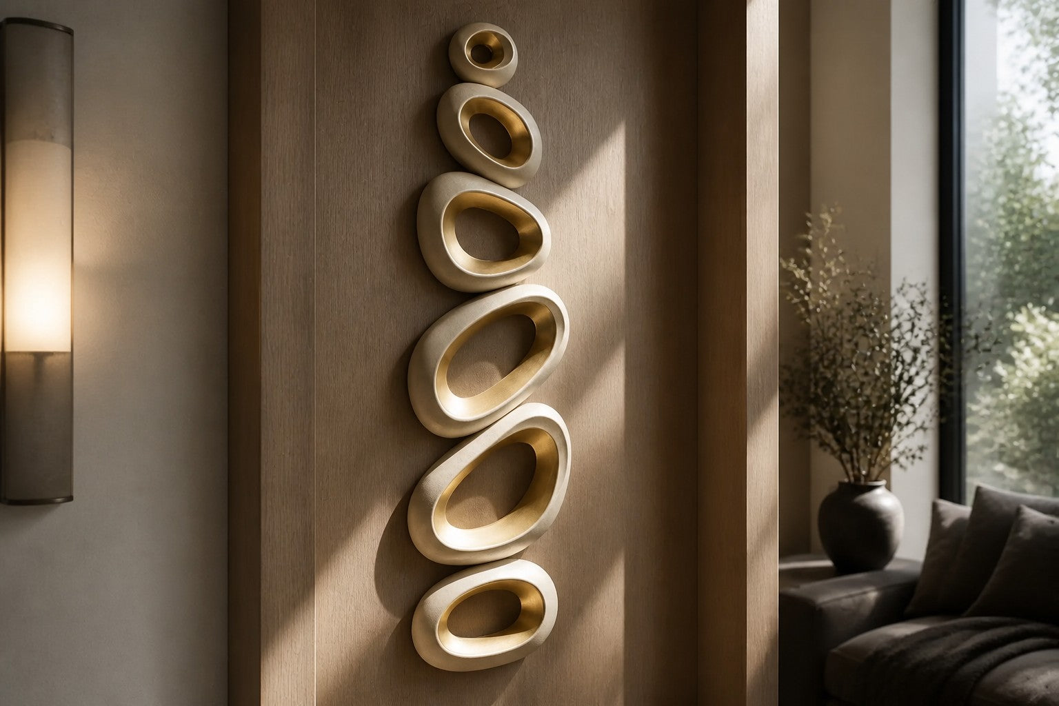 Champagne gold bronze wall sculpture Guijarro, a continuous folded ribbon swelling to a smooth belly, on a plaster wall.