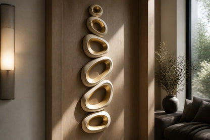 Champagne gold bronze wall sculpture Guijarro, a continuous folded ribbon swelling to a smooth belly, on a plaster wall.