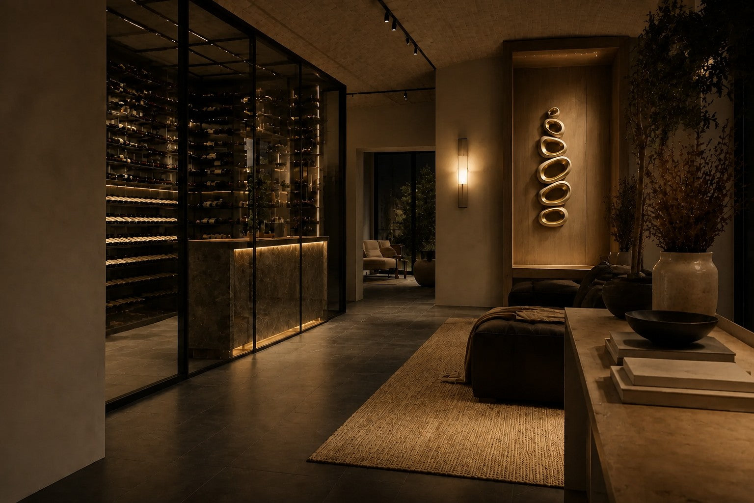 Champagne gold bronze wall sculpture Guijarro, a continuous folded ribbon swelling to a smooth belly, on a plaster wall.