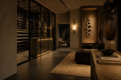 Champagne gold bronze wall sculpture Guijarro, a continuous folded ribbon swelling to a smooth belly, on a plaster wall.