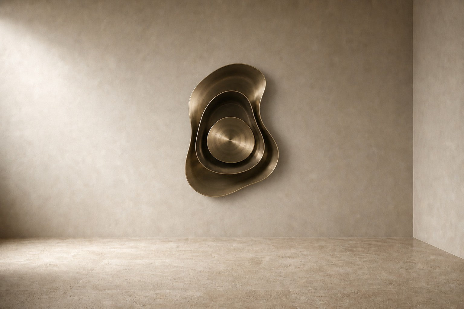 Warm brass brass wall sculpture Conca, a deep spun basin with a broad everted rim, on a plaster wall.
