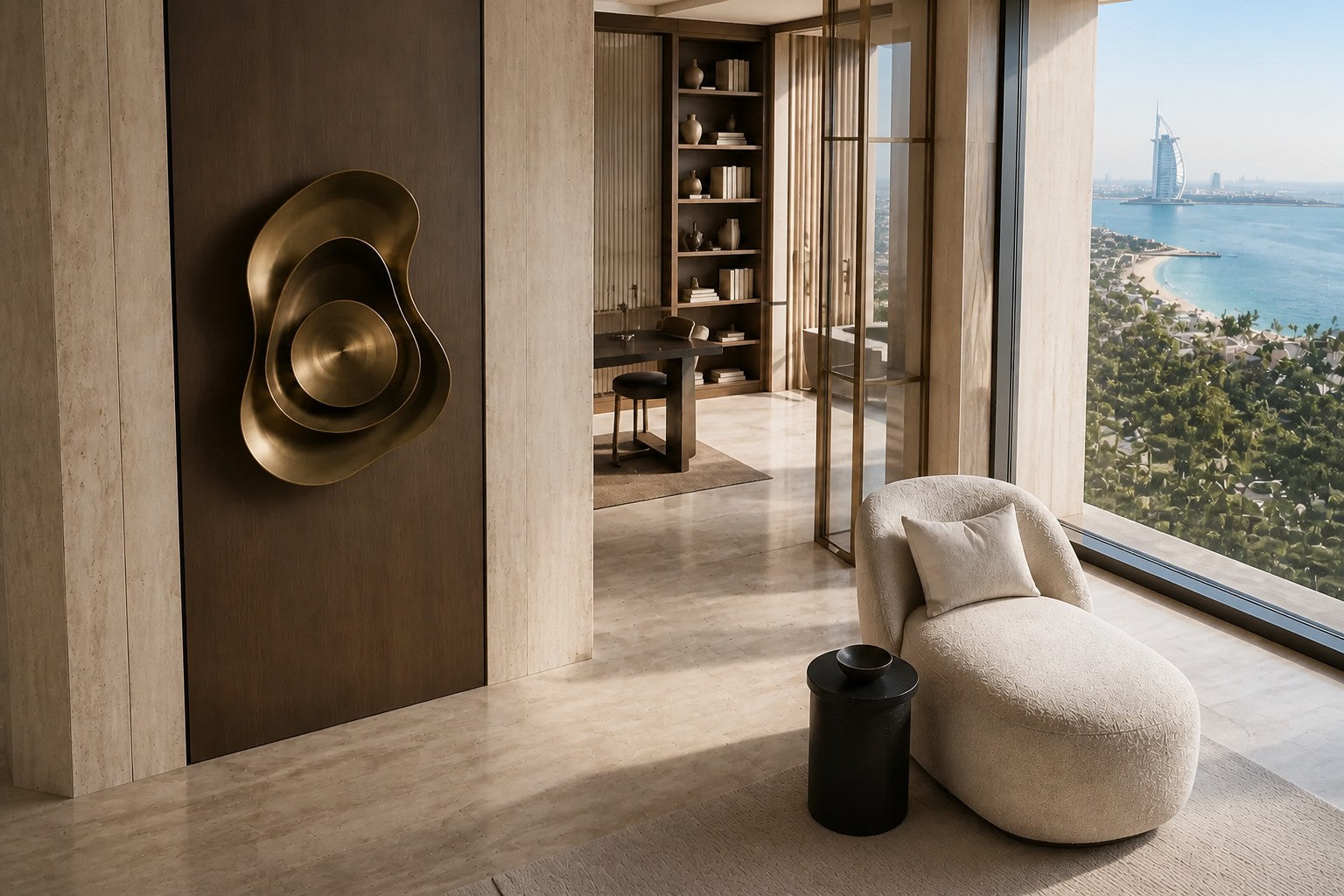 Warm brass brass wall sculpture Conca, a deep spun basin with a broad everted rim, on a plaster wall.