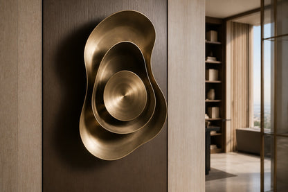 Warm brass brass wall sculpture Conca, a deep spun basin with a broad everted rim, on a plaster wall.