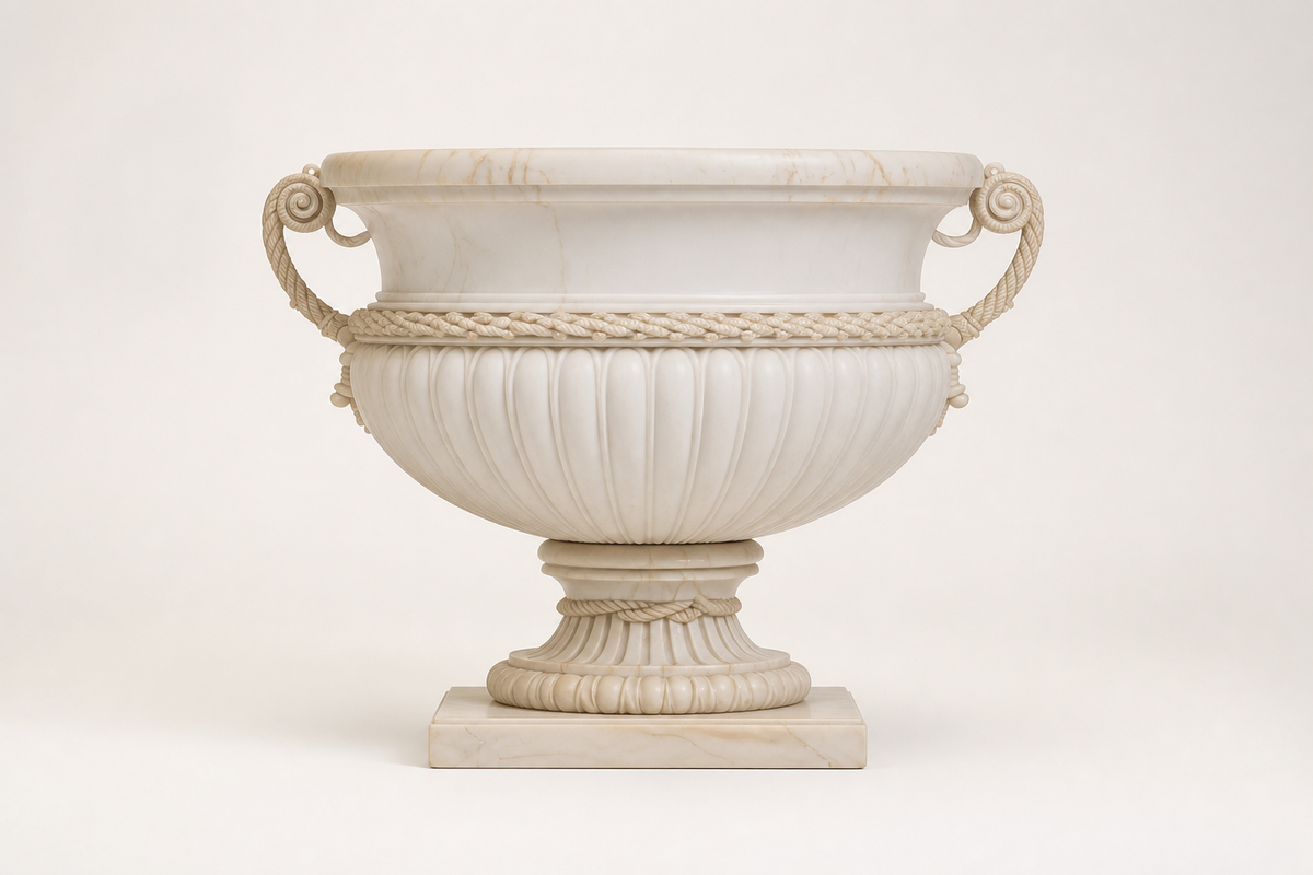 Heritage Rope-Handle Marble Urn Planter sculpture, studio view of the whole piece