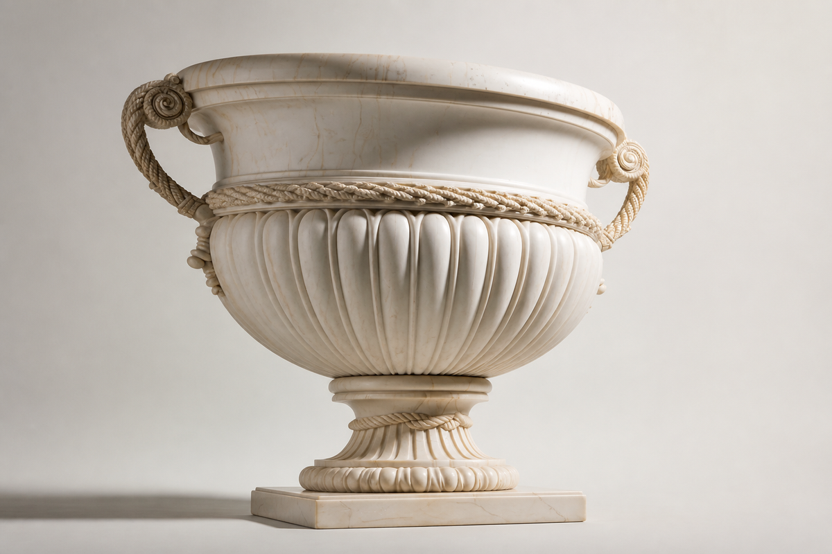 Heritage Rope-Handle Marble Urn Planter sculpture, three-quarter studio view showing its profile