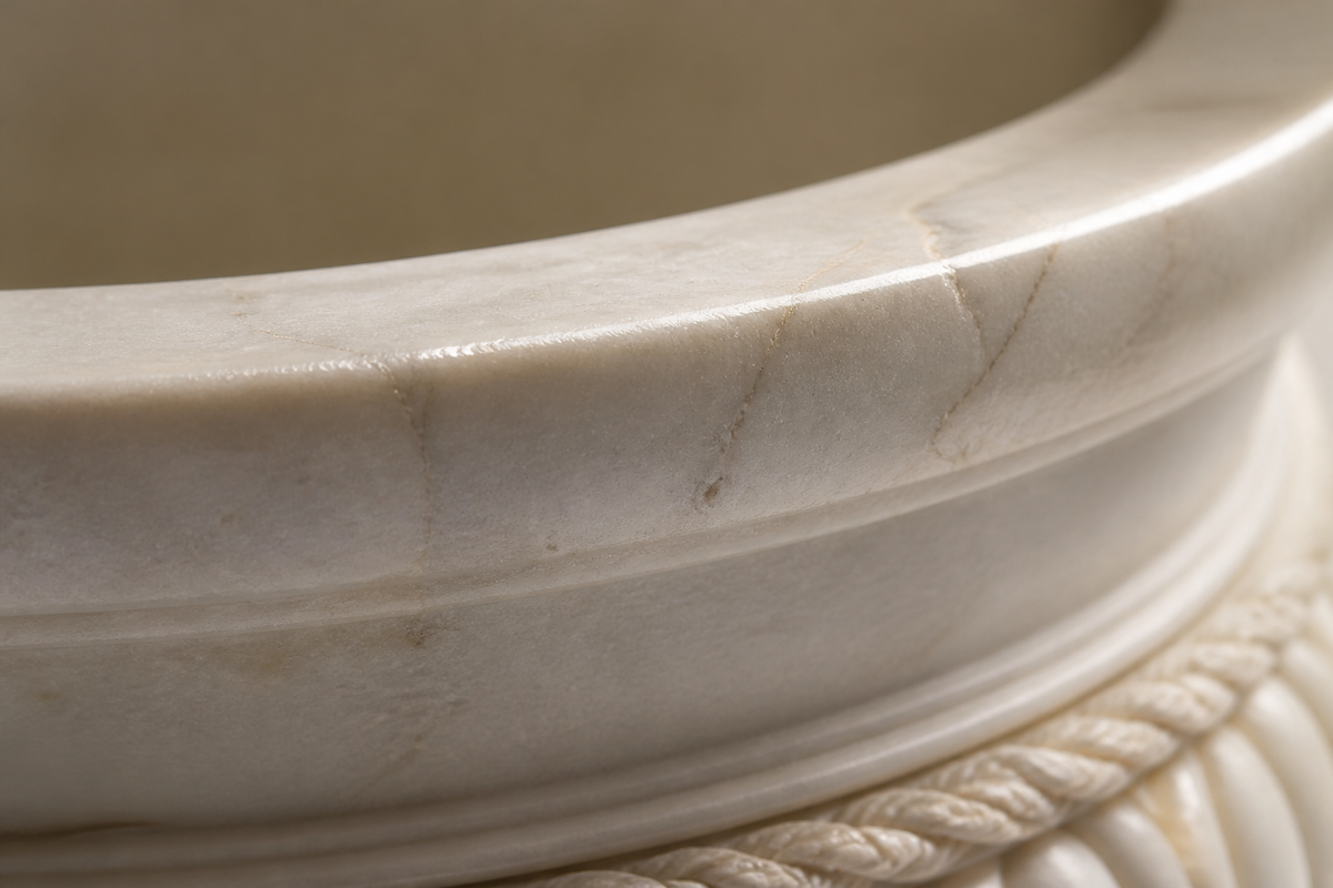Heritage Rope-Handle Marble Urn Planter sculpture, close studio detail of the surface and material