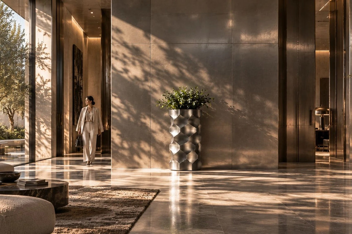 HexaFacet Stainless Steel Luxury Column Planter — 110 cm brushed stainless steel column planter with faceted honeycomb panels, placed in a furnished room