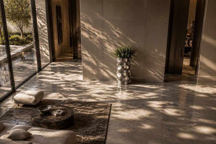 HexaFacet Stainless Steel Luxury Column Planter — 110 cm brushed stainless steel column planter with faceted honeycomb panels, seen from above in the room
