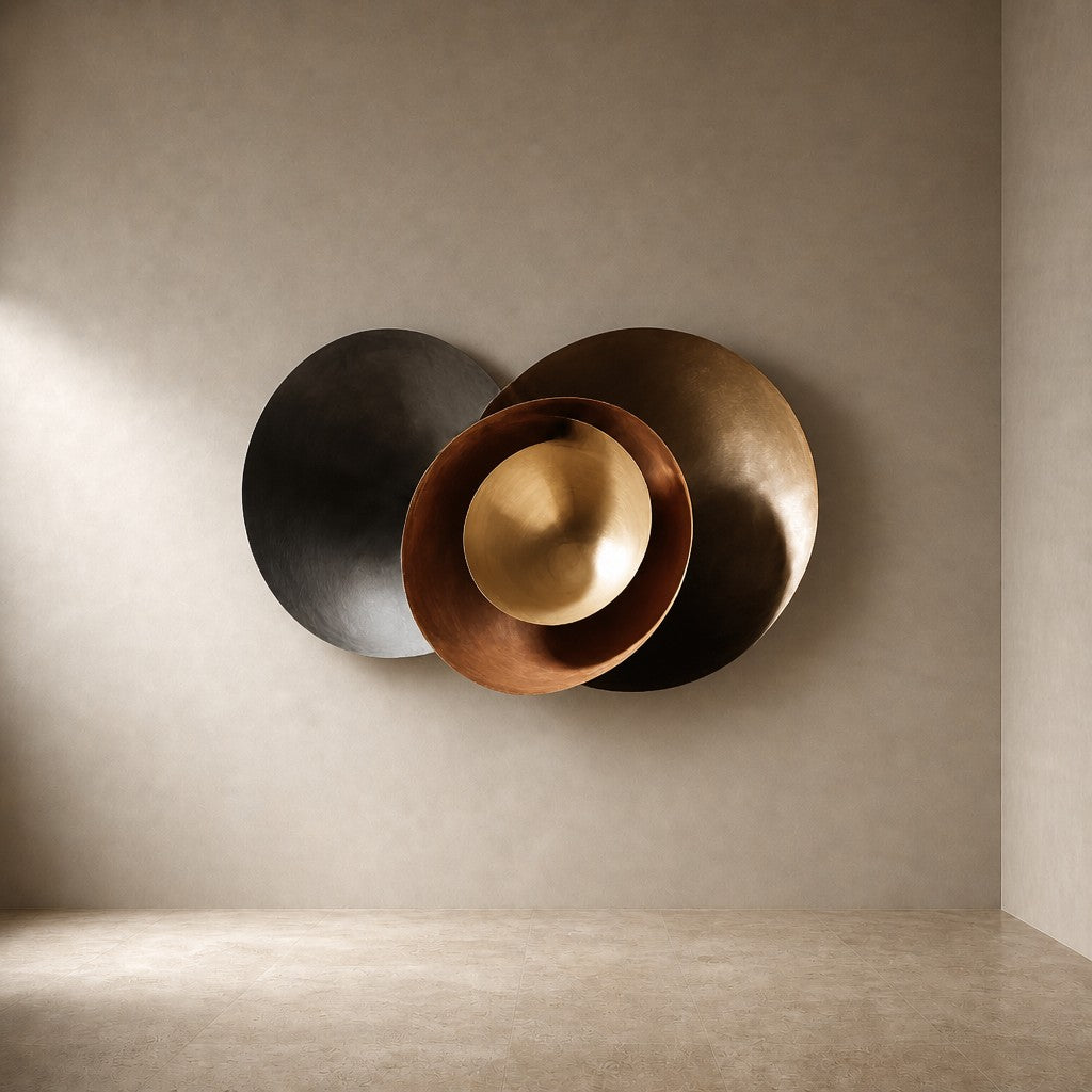 Hilal — 100 × 100 cm wall sculpture of overlapping dark and polished bronze bowls, three-quarter studio view showing its profile