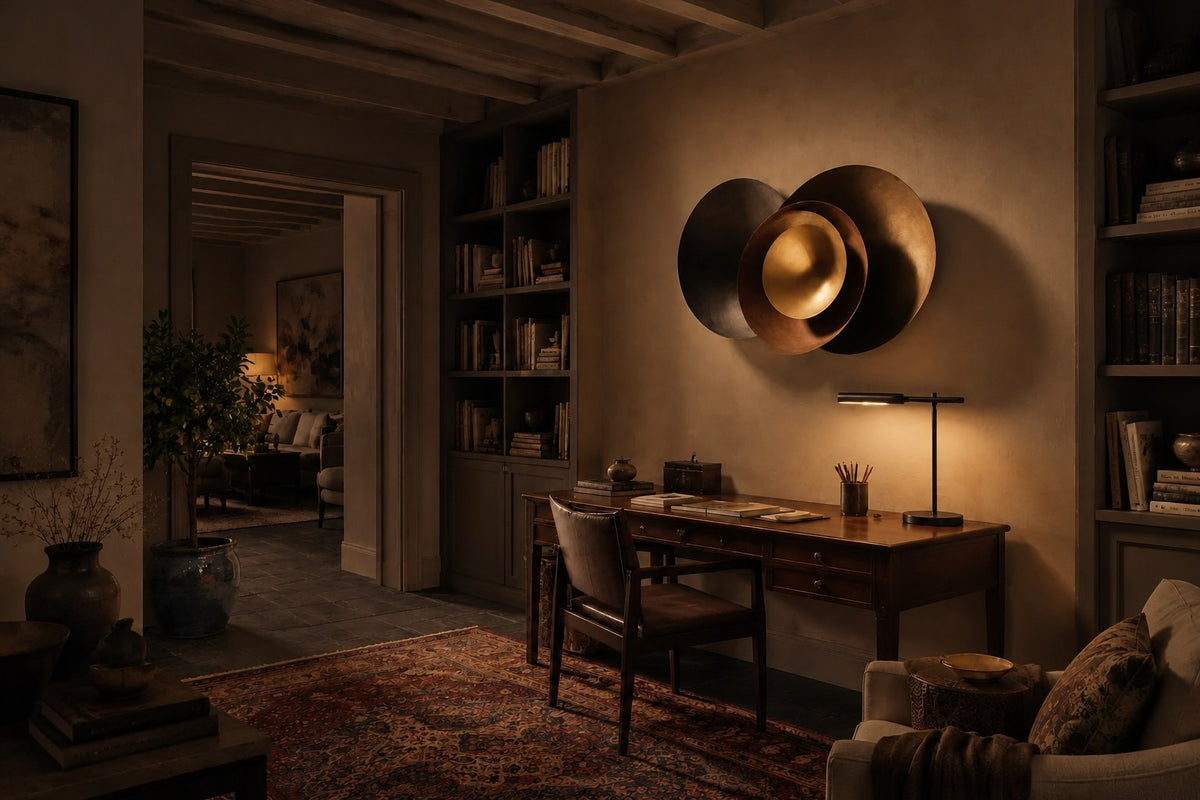 Hilal — 100 × 100 cm wall sculpture of overlapping dark and polished bronze bowls, the same room at night, lamps on