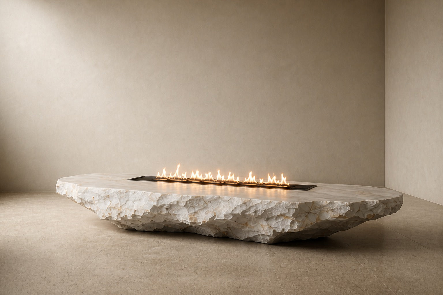White quartzite fire table Himara 220, bright white with warm inclusions, on a pale stone floor.