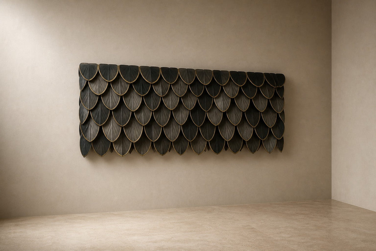 Hirsh 200 — 70 cm dark bronze wall panel of overlapping scales, three-quarter studio view showing its profile