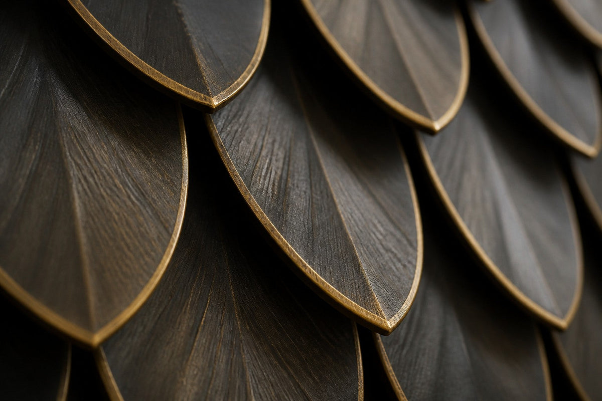 Hirsh 200 — 70 cm dark bronze wall panel of overlapping scales, close studio detail of the surface and material