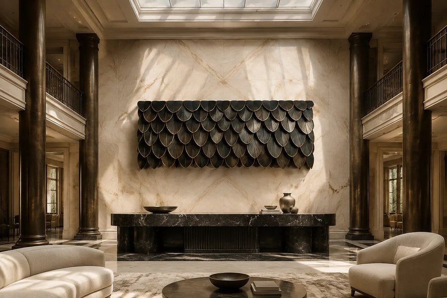 Hirsh 200 — 70 cm dark bronze wall panel of overlapping scales, placed in a furnished room