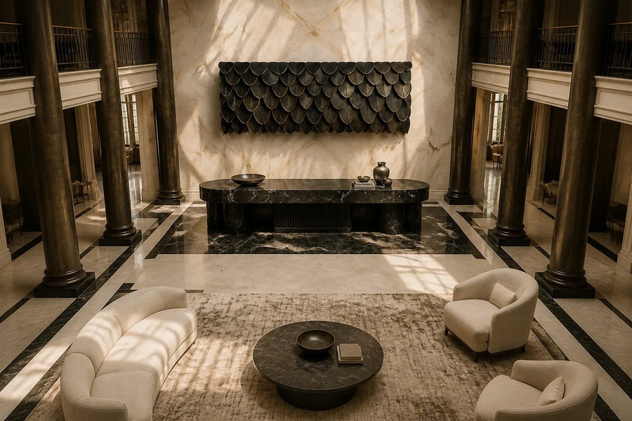 Hirsh 200 — 70 cm dark bronze wall panel of overlapping scales, seen from above in the room