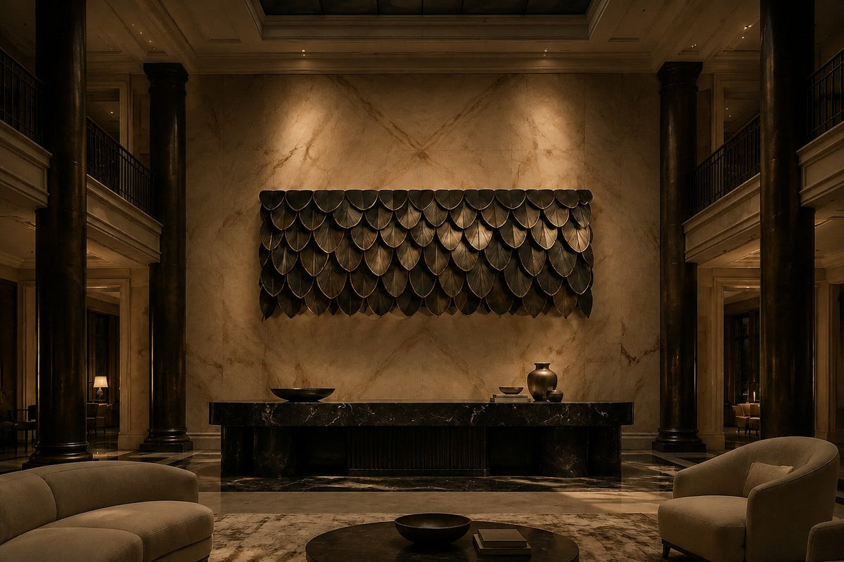 Hirsh 200 — 70 cm dark bronze wall panel of overlapping scales, the same room at night, lamps on