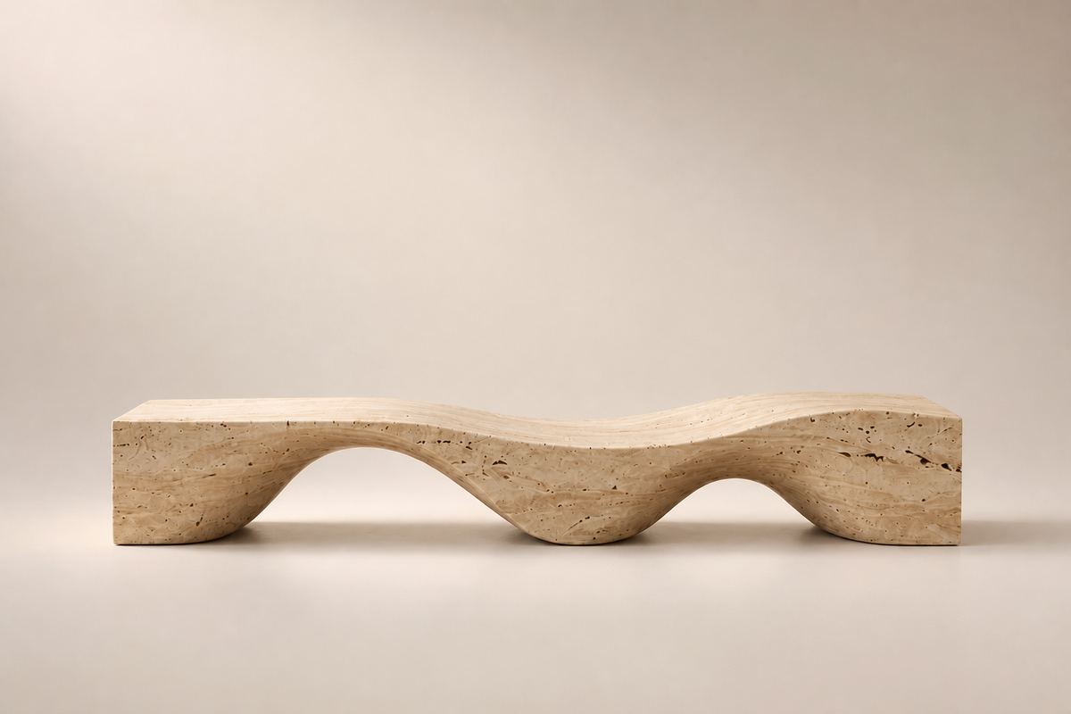 Hudu 180 travertine sculptural bench, studio view of the whole piece