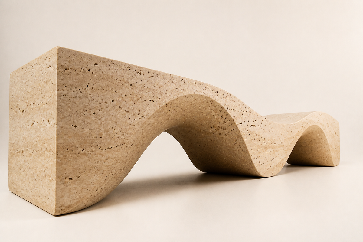 Hudu 180 travertine sculptural bench, three-quarter studio view showing its profile